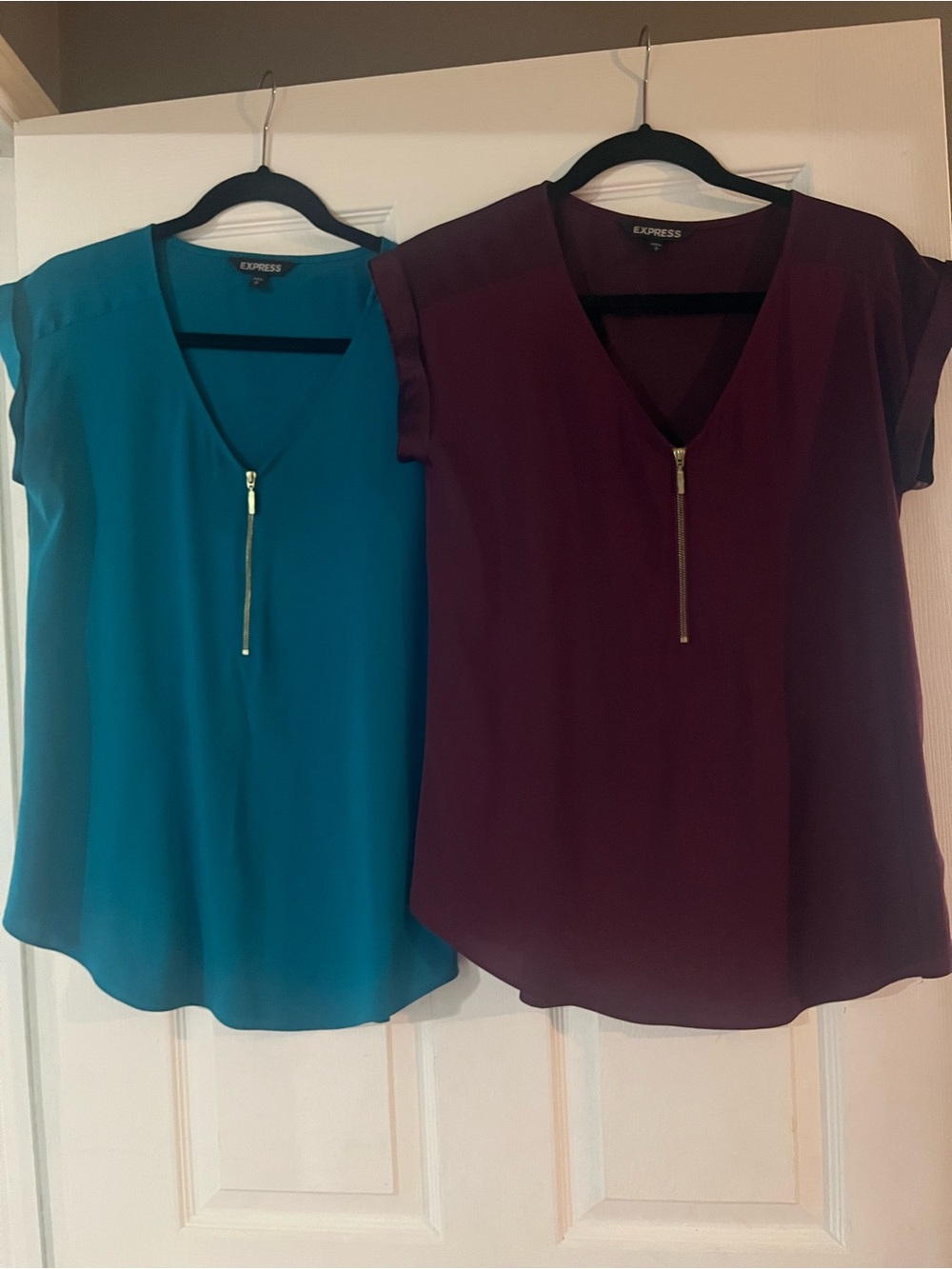 Express Teal and Burgundy V-Neck Zip Blouses - Short Sleeve Tops